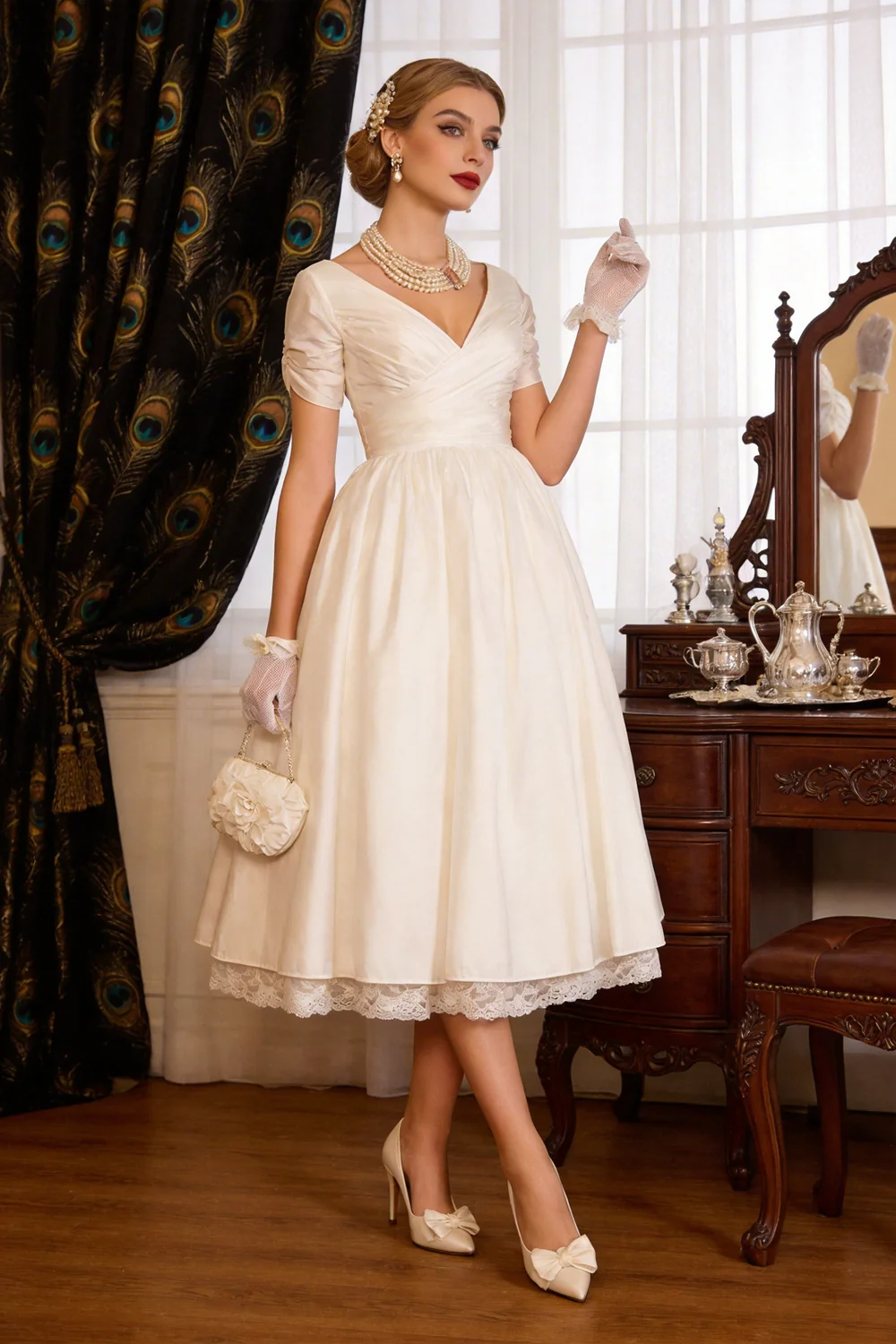 1950s Vintage Short A-Line V Neck Wedding Dresses with Sleeves - Image 2