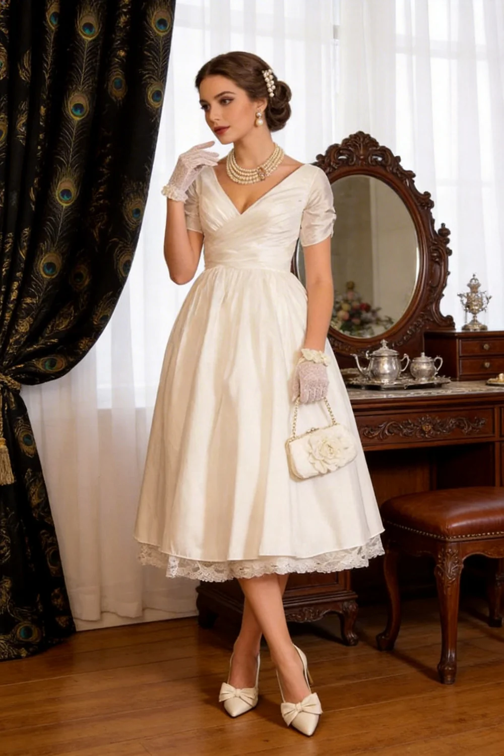 1950s Vintage Short A-Line V Neck Wedding Dresses with Sleeves - Image 3