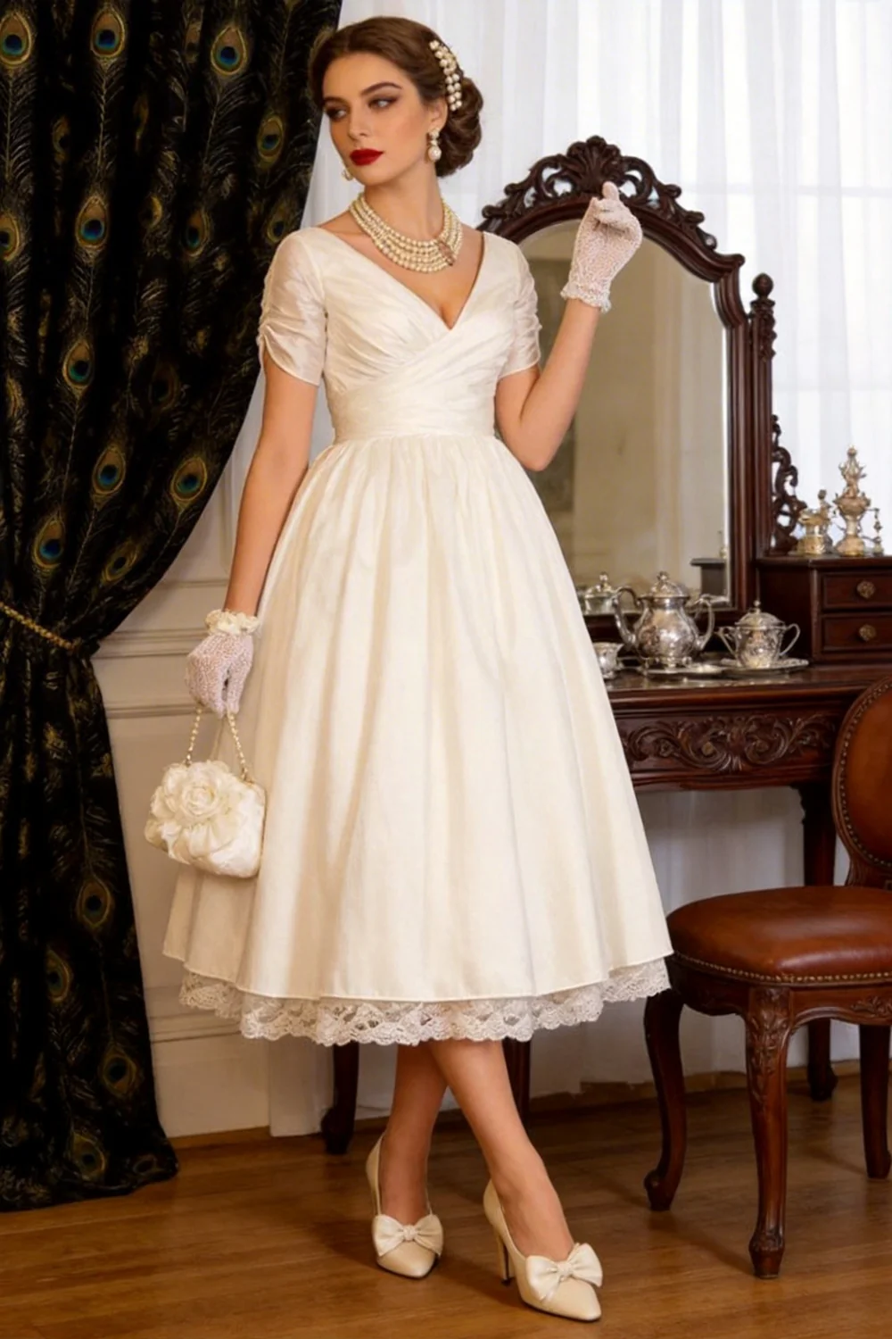 1950s Vintage Short A-Line V Neck Wedding Dresses with Sleeves - Image 4