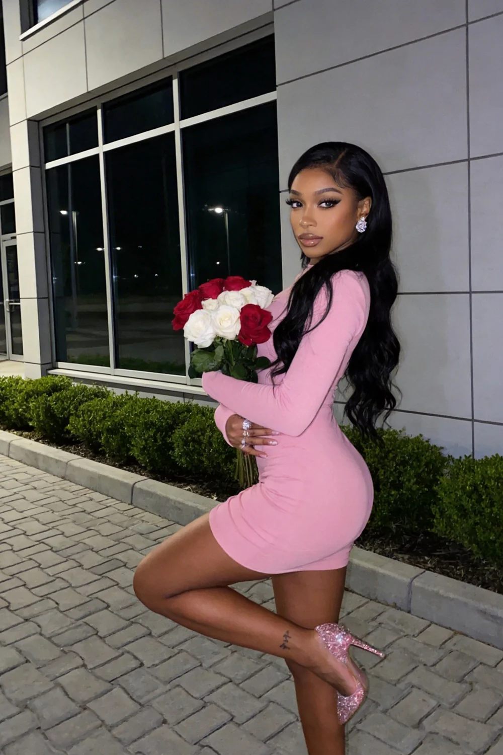 19th Birthday Outfit Pink Long Sleeves Tight Dress Sexy Homecoming Dress Y649