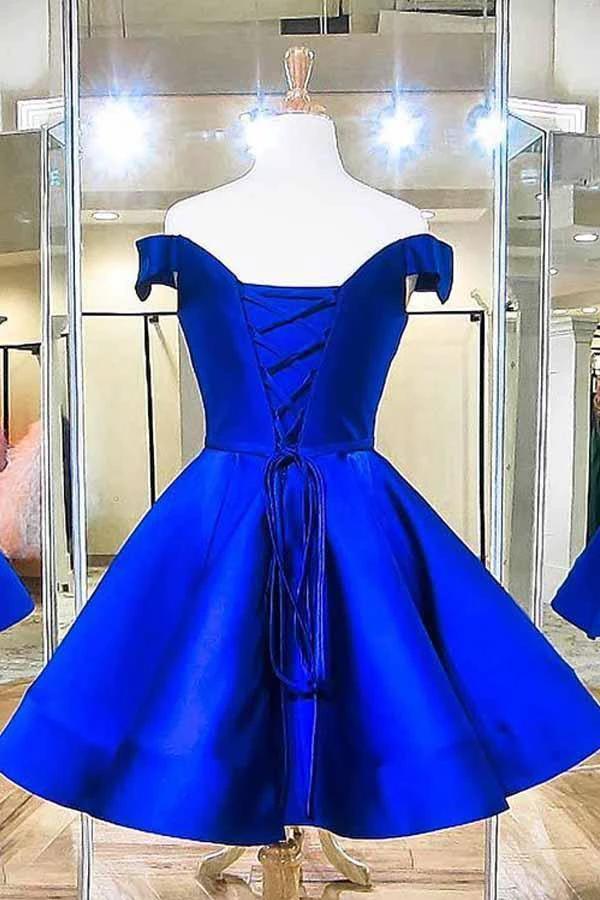 Fashion Off The Shoulder Royal Blue Satin Homecoming Dresses PD041 - Image 2