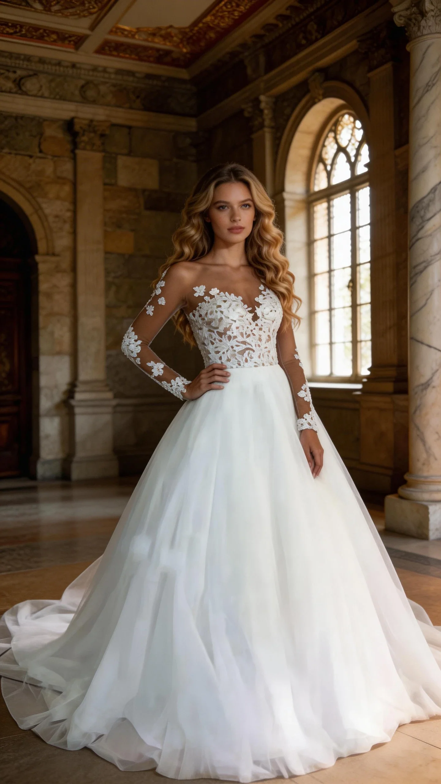 #003 2025 Illusion Scoop Long Sleeve Wedding Dresses Lace Appliques Sheer Back White/ Ivory Tulle Wedding Dress Lace Wedding Gowns - Image 2