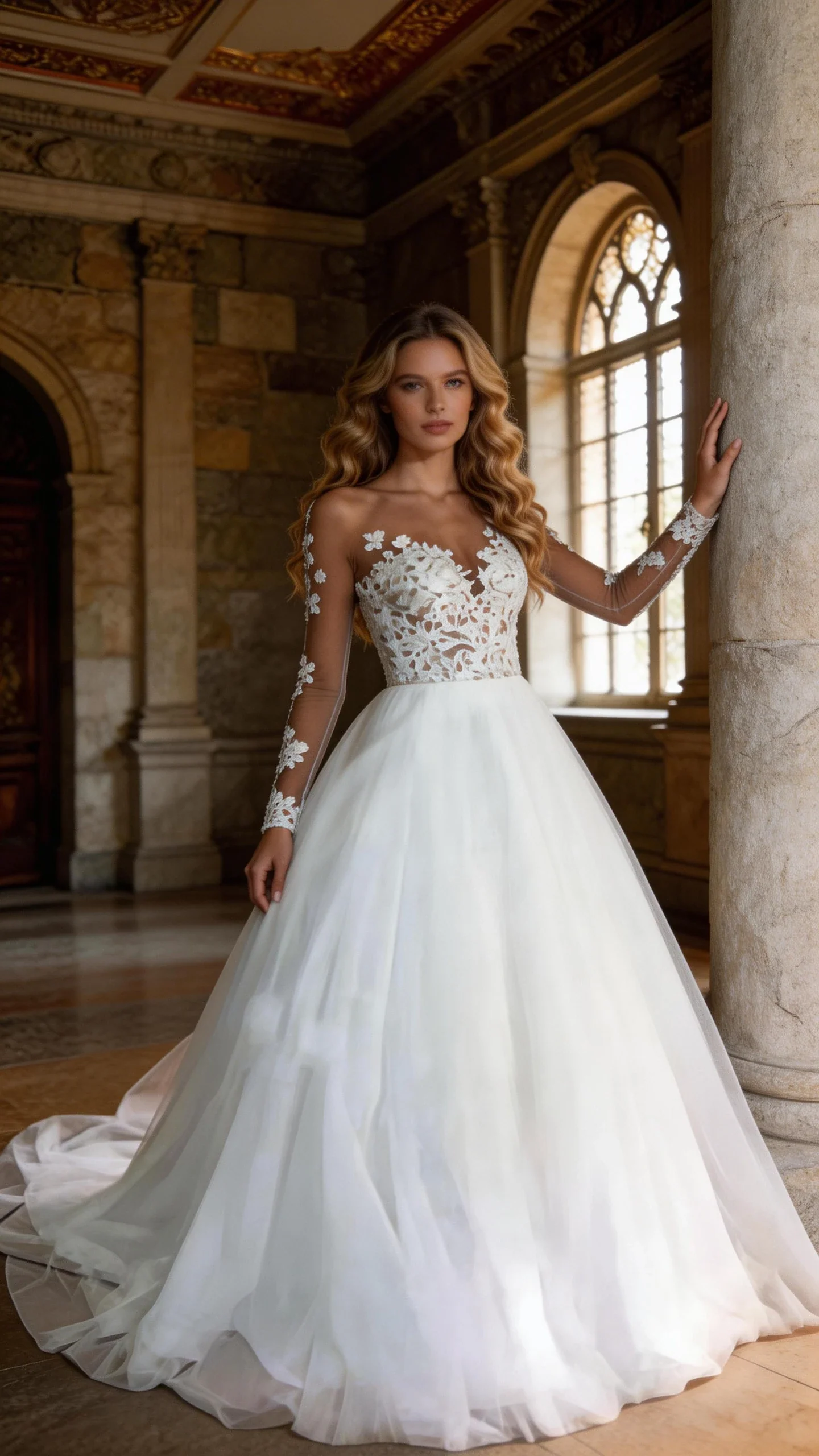 #003 2025 Illusion Scoop Long Sleeve Wedding Dresses Lace Appliques Sheer Back White/ Ivory Tulle Wedding Dress Lace Wedding Gowns - Image 3