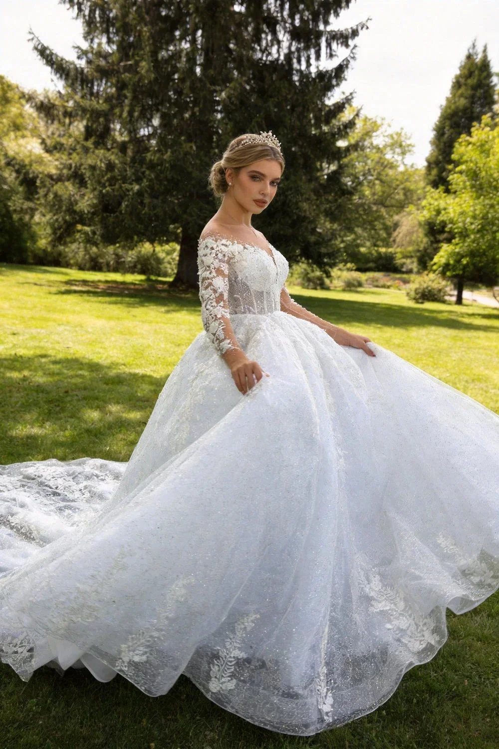 2025 Luxury Muslim Wedding Dress Women's Elegant Long Sleeve Lace Applique A-line Dress Beach Wedding Princess Party O-Neck Brid WD001 - Image 2