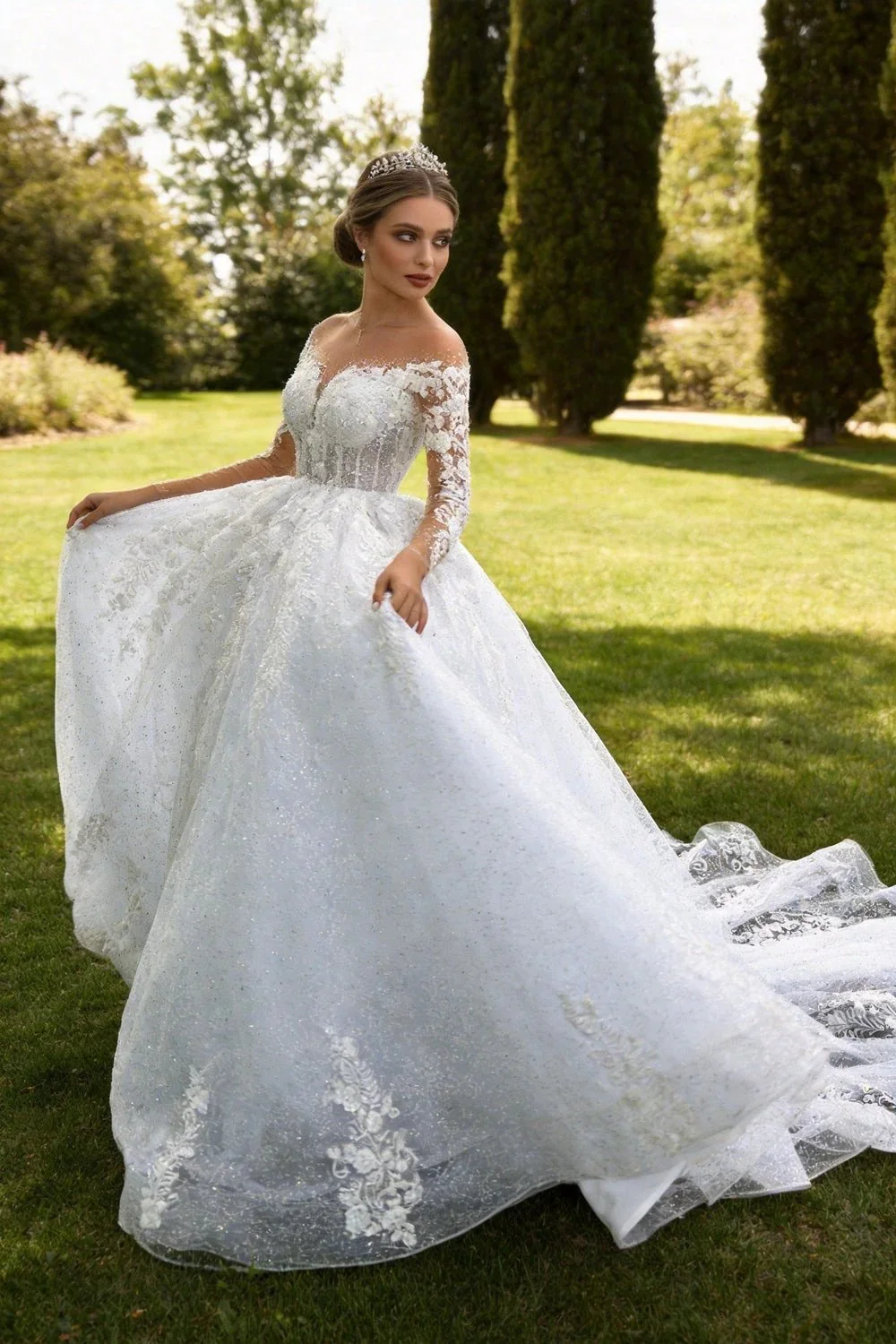 2025 Luxury Muslim Wedding Dress Women's Elegant Long Sleeve Lace Applique A-line Dress Beach Wedding Princess Party O-Neck Brid WD001 - Image 4
