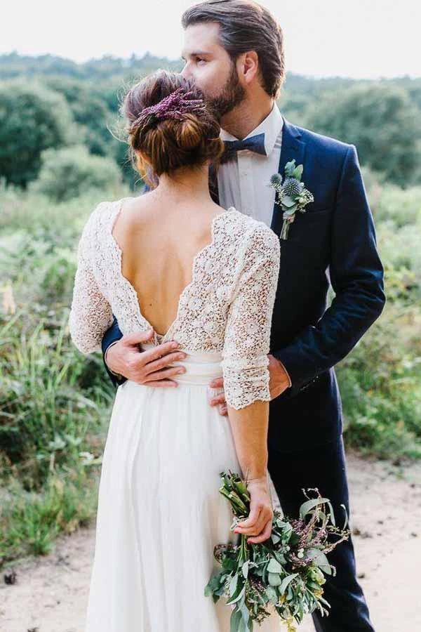 3/4 Sleeve See Through Backless Lace  Chiffon Wedding Dresses   WD291 - Image 2