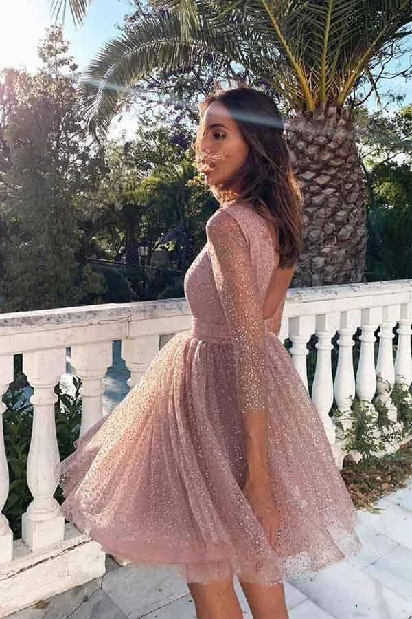 3/4 Sleeves Short Prom Dress Pink Homecoming Dress with Open Back PD330 - Image 2