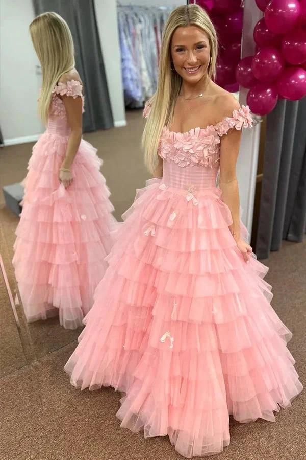 3D Floral Lace Off-the-Shoulder Ruffle Tiered Prom Dress PSK563 - Image 2