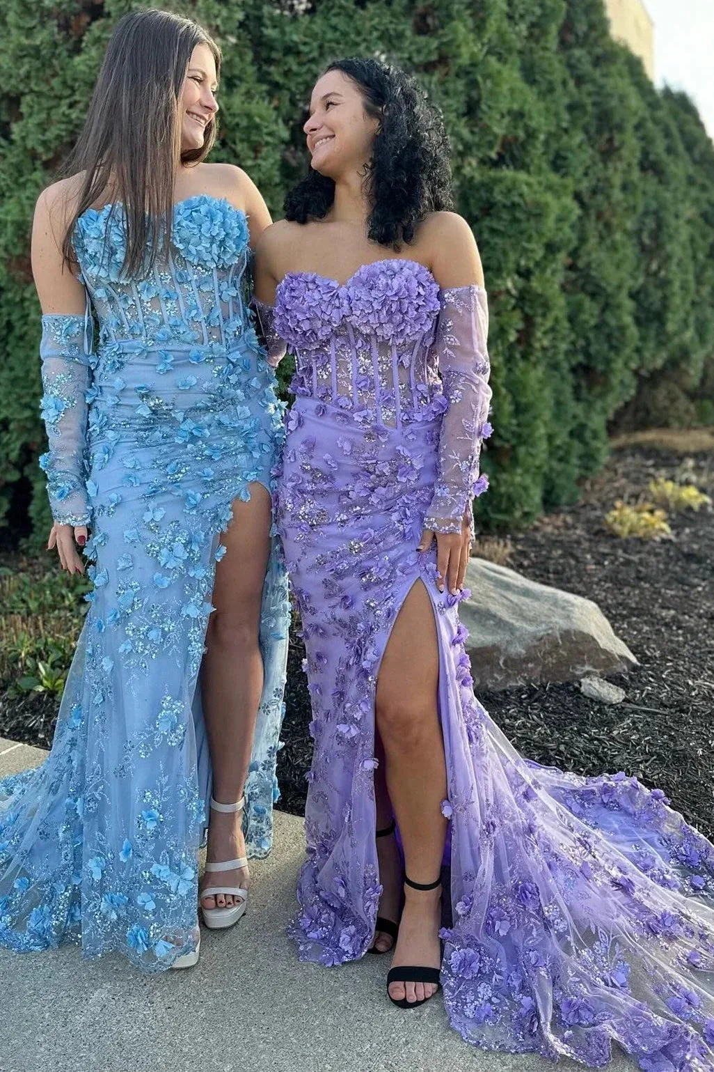 Dayana | 3D Floral Lace Strapless Long Prom Dress with Detachable Sleeves - Image 2