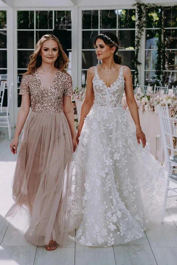 3D Floral Lace V Neck Floor Length Bohemian Wedding Dress WD662 - Image 2