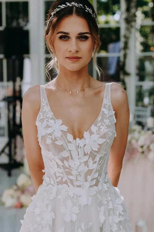 3D Floral Lace V Neck Floor Length Bohemian Wedding Dress WD662 - Image 3