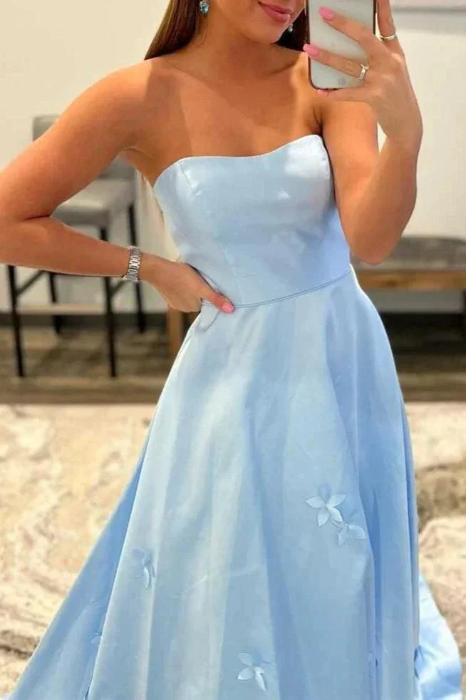 3D Flower Light Blue Strapless A-Line Prom Dress - Image 2