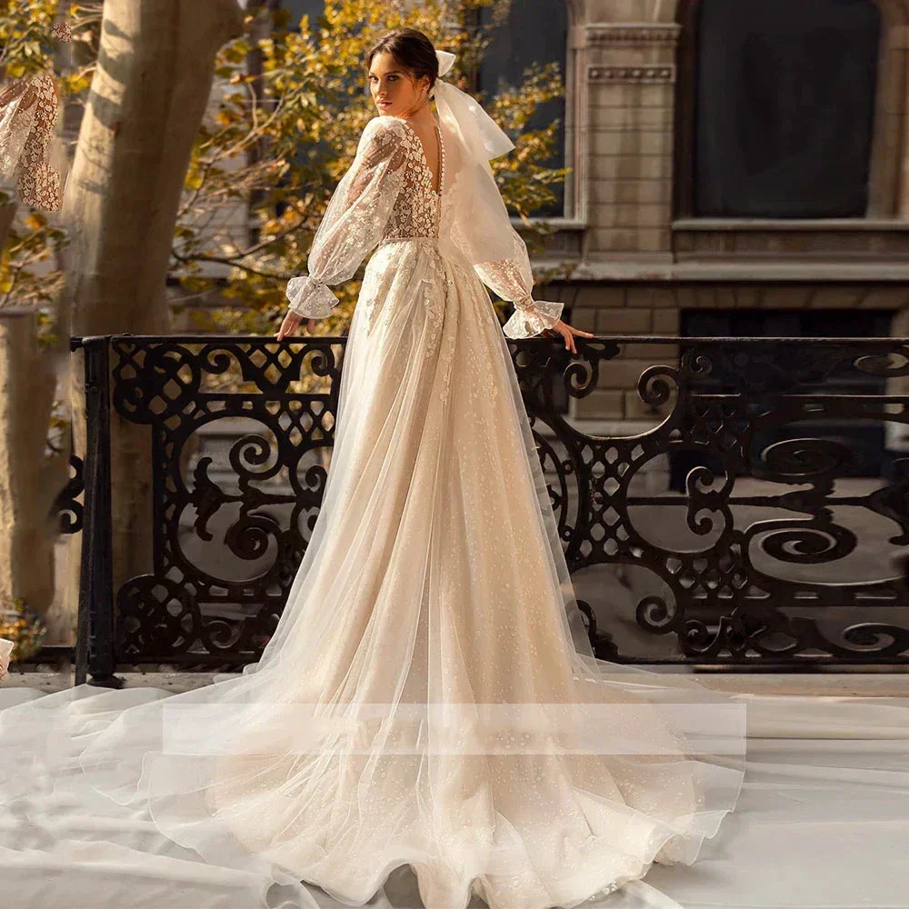 3D Flower Wedding Dress Lace Long Sleeve Women's Bridal Gownes Sexy V-neck Tulle Transparent A-line Dress Bohemia Robe Vestido - Image 2