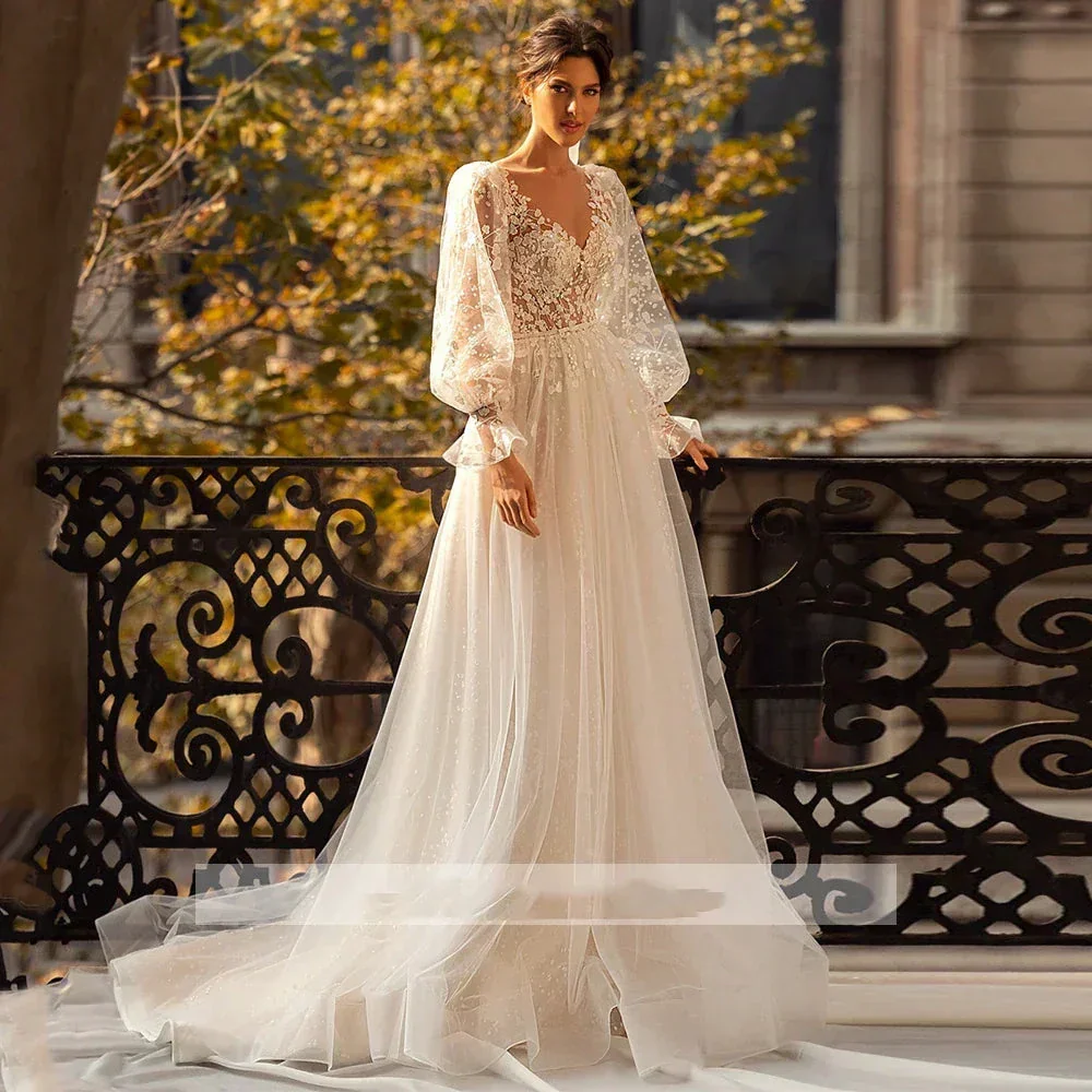 3D Flower Wedding Dress Lace Long Sleeve Women's Bridal Gownes Sexy V-neck Tulle Transparent A-line Dress Bohemia Robe Vestido - Image 3