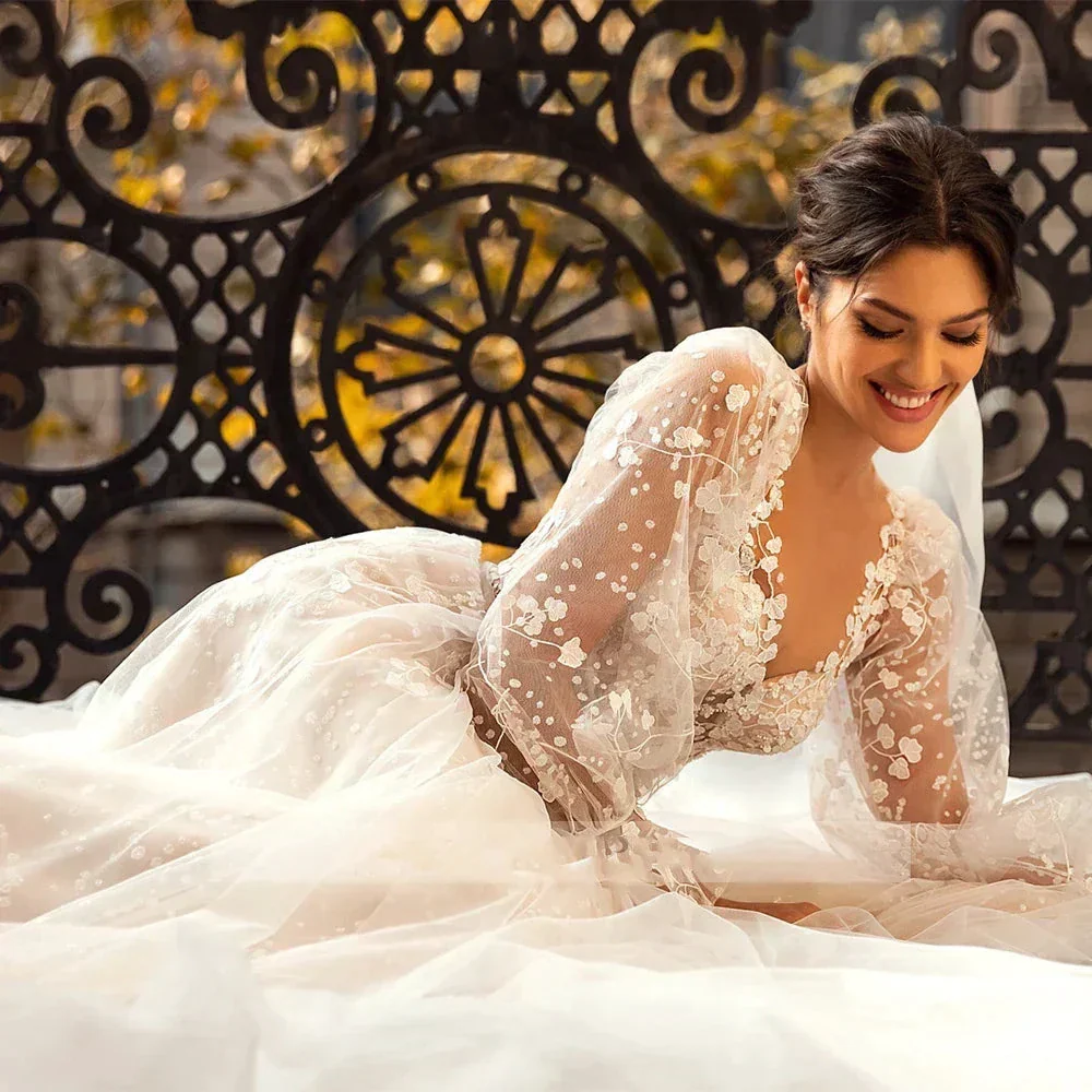 3D Flower Wedding Dress Lace Long Sleeve Women's Bridal Gownes Sexy V-neck Tulle Transparent A-line Dress Bohemia Robe Vestido - Image 4