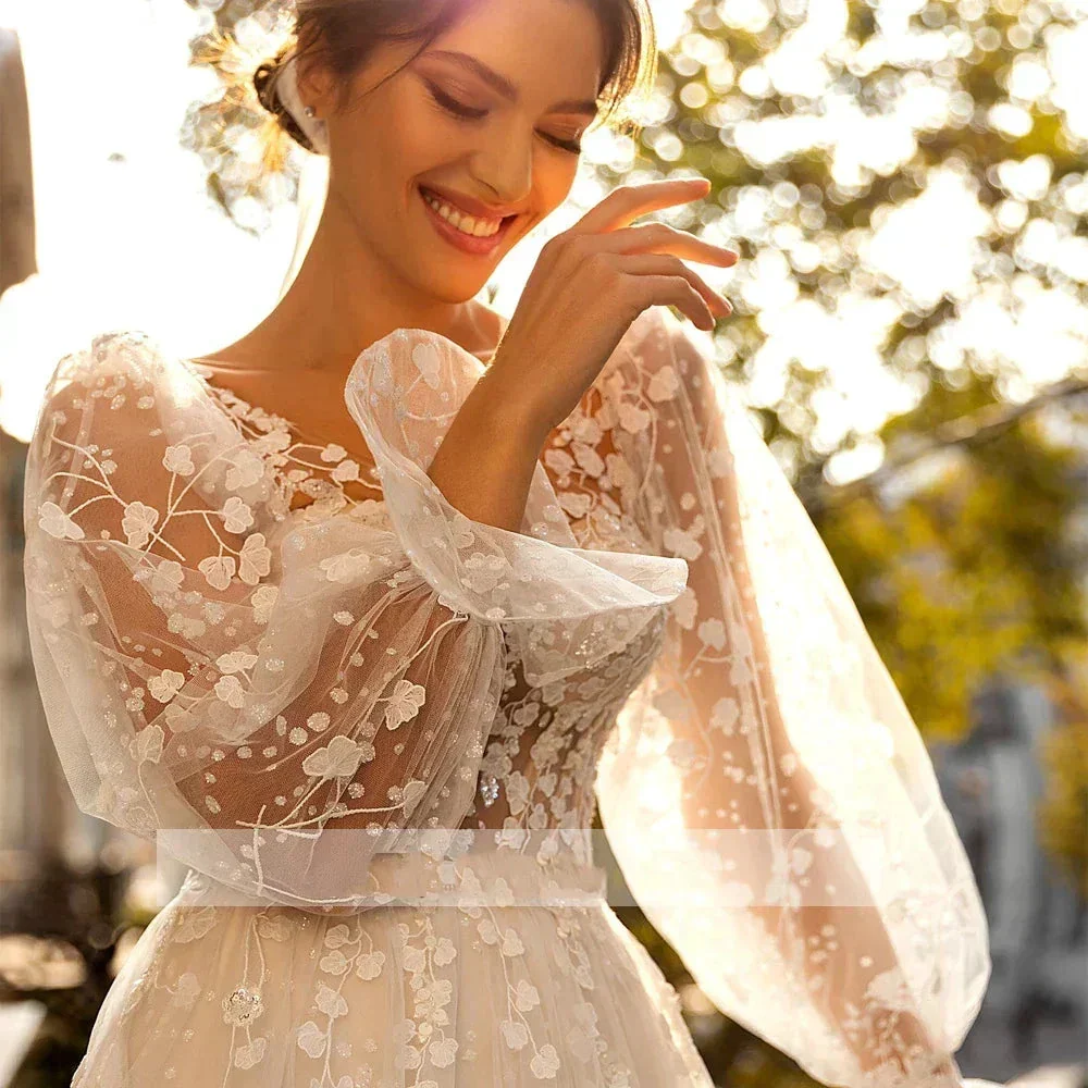 3D Flower Wedding Dress Lace Long Sleeve Women's Bridal Gownes Sexy V-neck Tulle Transparent A-line Dress Bohemia Robe Vestido - Image 5