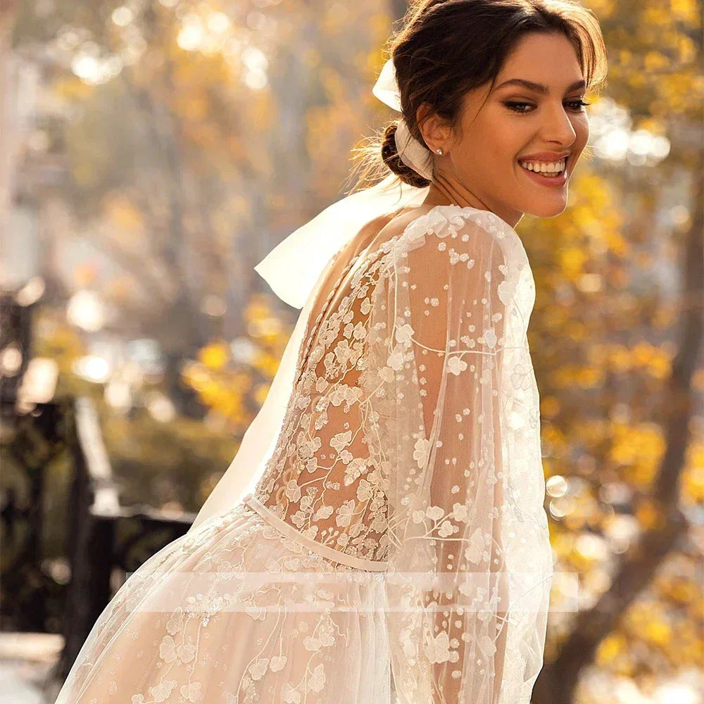 3D Flower Wedding Dress Lace Long Sleeve Women's Bridal Gownes Sexy V-neck Tulle Transparent A-line Dress Bohemia Robe Vestido - Image 6