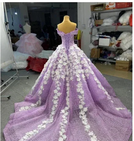3D Flowers Lilac Sweet 15 Dress Off the Shoulder Quince Dress Luxurious Ball Gown Y906 - Image 2