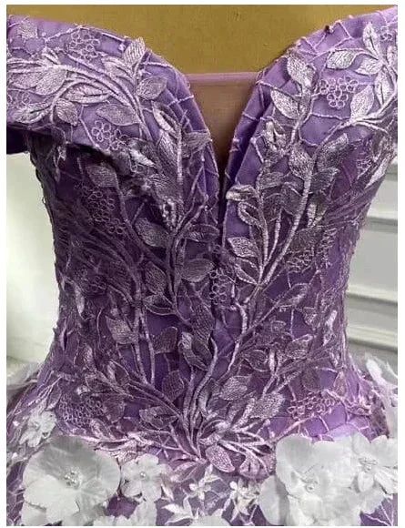 3D Flowers Lilac Sweet 15 Dress Off the Shoulder Quince Dress Luxurious Ball Gown Y906 - Image 3