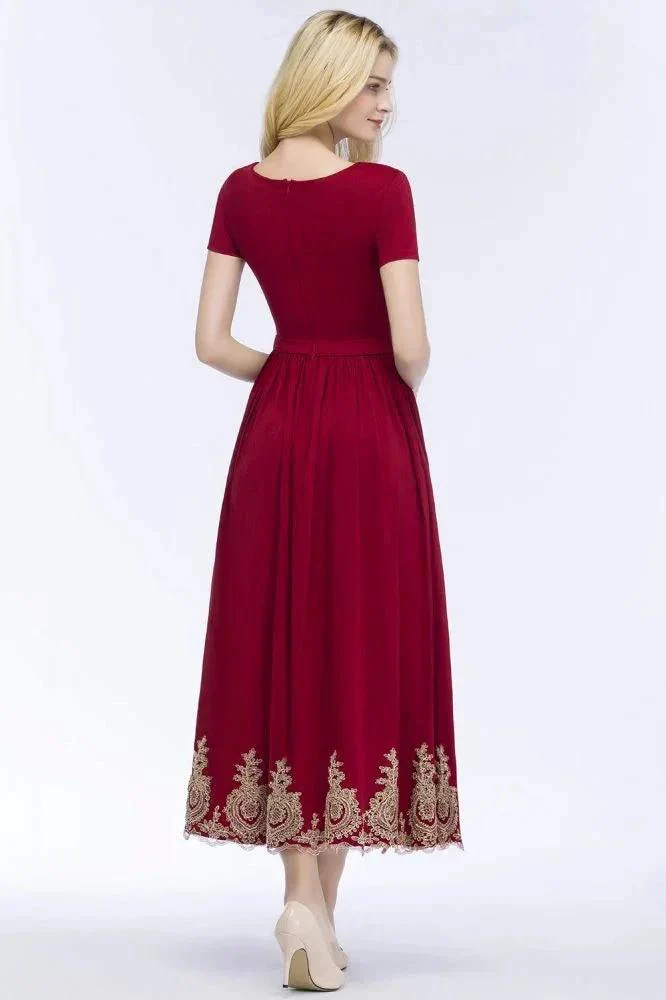A-line Ankle Length Short Sleeves Appliques Plus Size Prom Dresses with Sash - Image 2