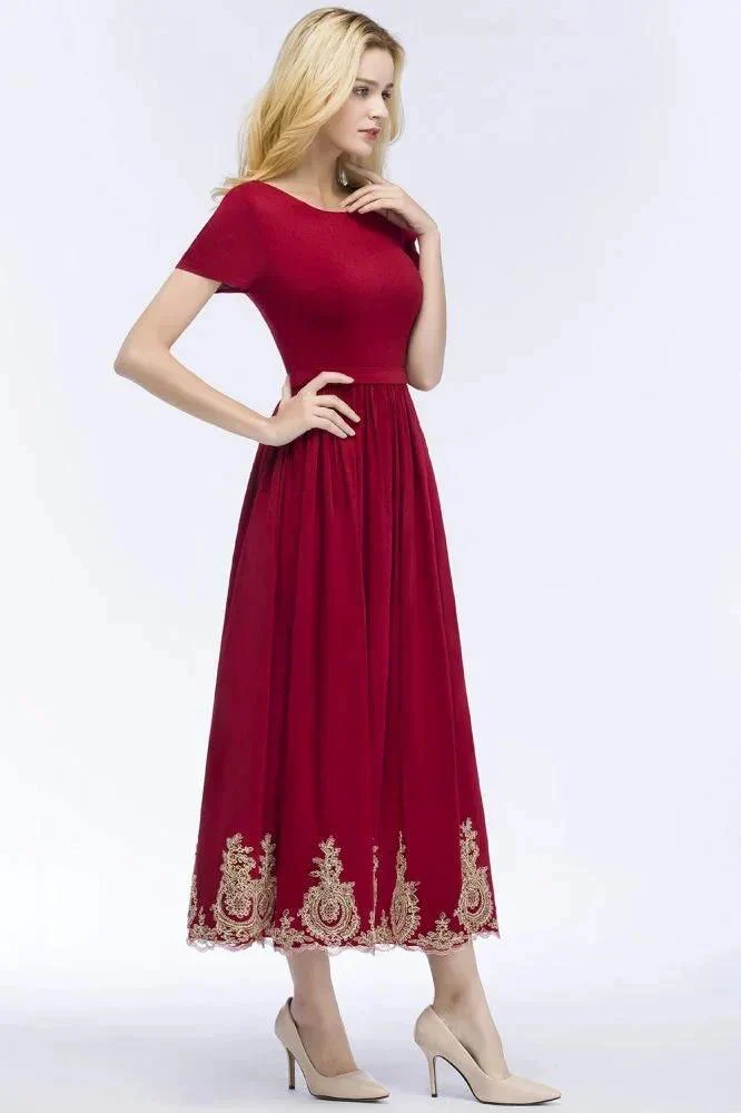 A-line Ankle Length Short Sleeves Appliques Plus Size Prom Dresses with Sash - Image 3