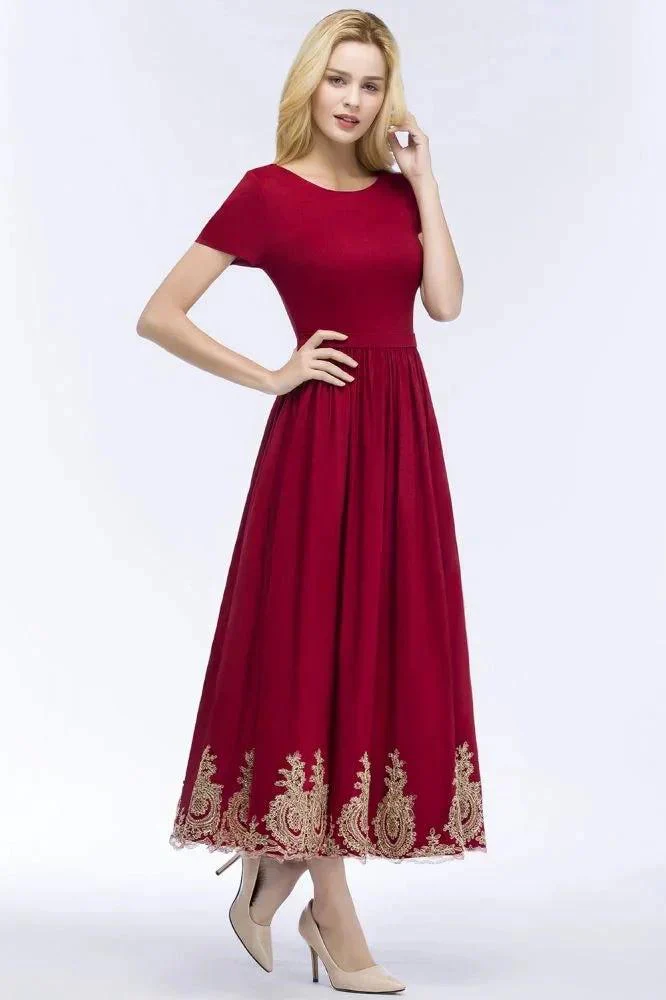 A-line Ankle Length Short Sleeves Appliques Plus Size Prom Dresses with Sash - Image 4