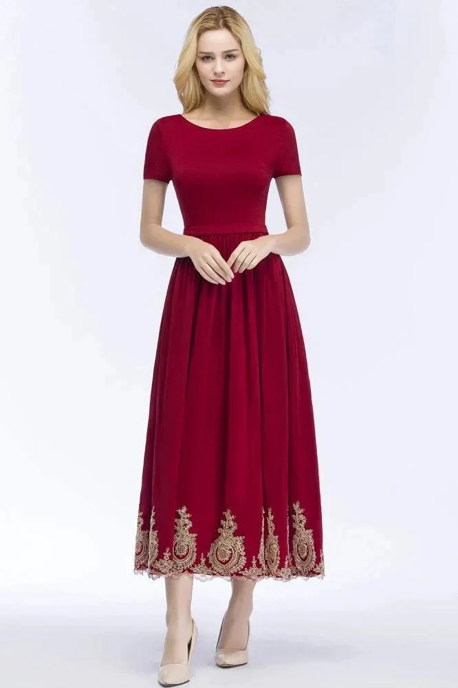 A-line Ankle Length Short Sleeves Appliques Plus Size Prom Dresses with Sash - Image 5
