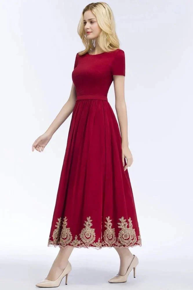 A-line Ankle Length Short Sleeves Appliques Plus Size Prom Dresses with Sash - Image 7
