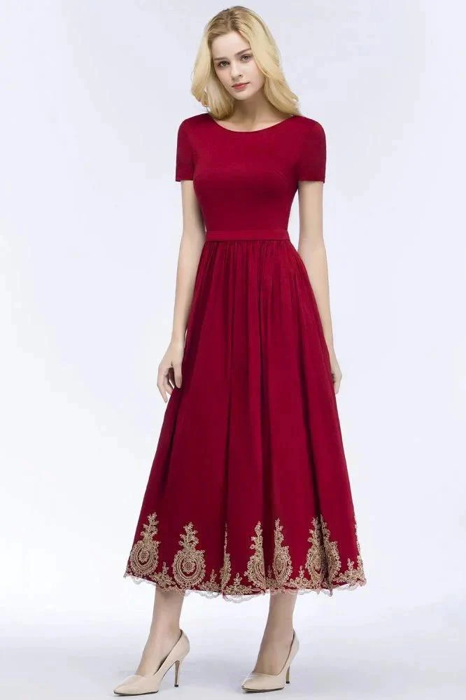 A-line Ankle Length Short Sleeves Appliques Plus Size Prom Dresses with Sash - Image 8