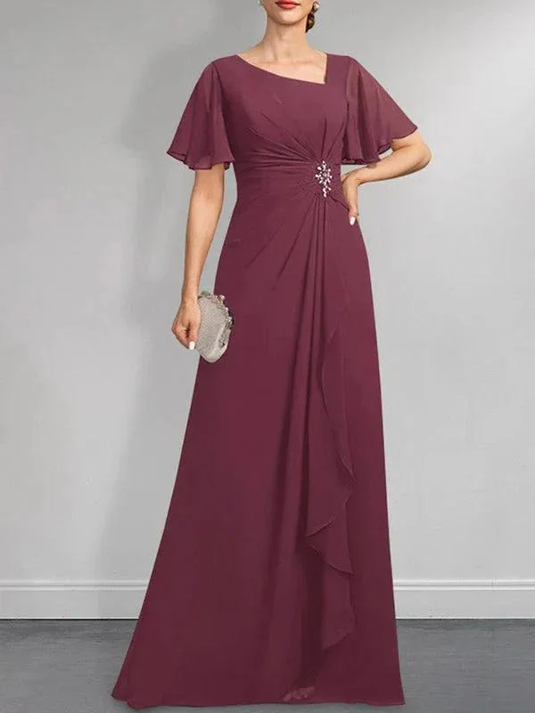 A-line Asymmetrical Floor-Length Chiffon Mother of the Bride Dress With Pleated Beading Sequins - Image 25