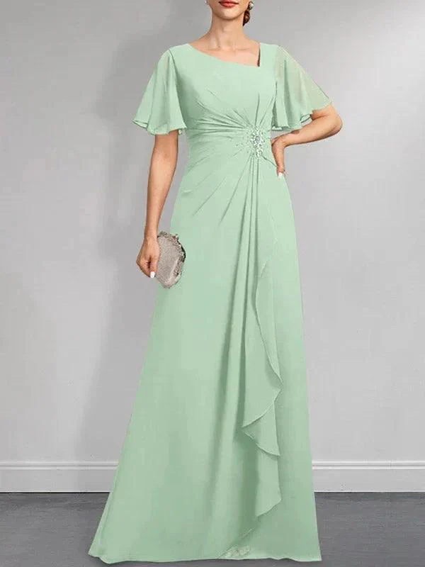 A-line Asymmetrical Floor-Length Chiffon Mother of the Bride Dress With Pleated Beading Sequins - Image 29