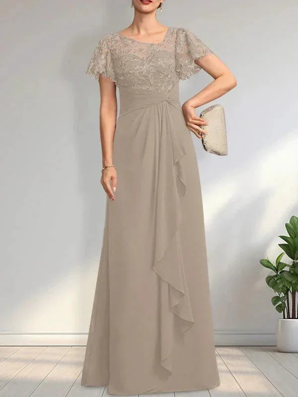A-line Asymmetrical Illusion Floor-Length Lace Chiffon Mother of the Bride Dress With Cascading Ruffles Sequins - Image 11