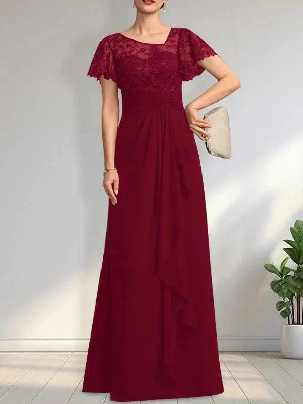 A-line Asymmetrical Illusion Floor-Length Lace Chiffon Mother of the Bride Dress With Cascading Ruffles Sequins - Image 12