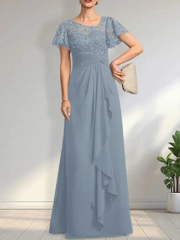 A-line Asymmetrical Illusion Floor-Length Lace Chiffon Mother of the Bride Dress With Cascading Ruffles Sequins - Image 13
