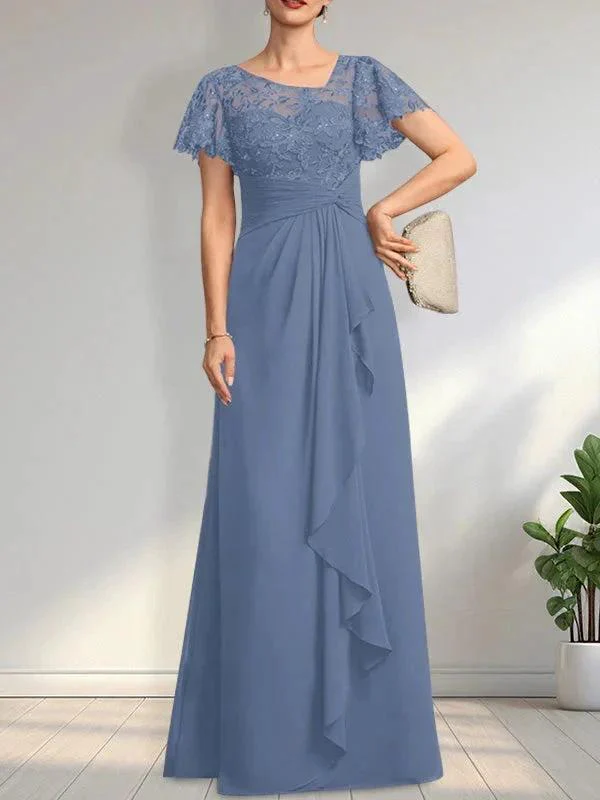 A-line Asymmetrical Illusion Floor-Length Lace Chiffon Mother of the Bride Dress With Cascading Ruffles Sequins - Image 14