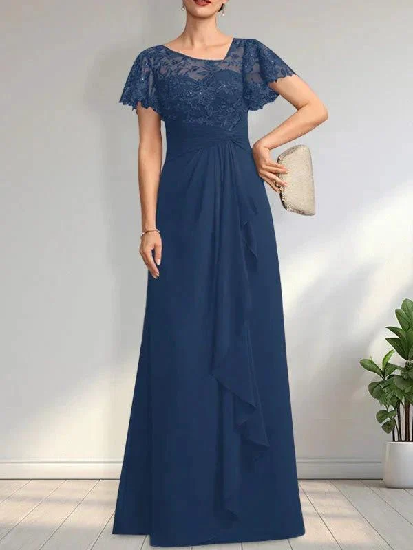 A-line Asymmetrical Illusion Floor-Length Lace Chiffon Mother of the Bride Dress With Cascading Ruffles Sequins - Image 15