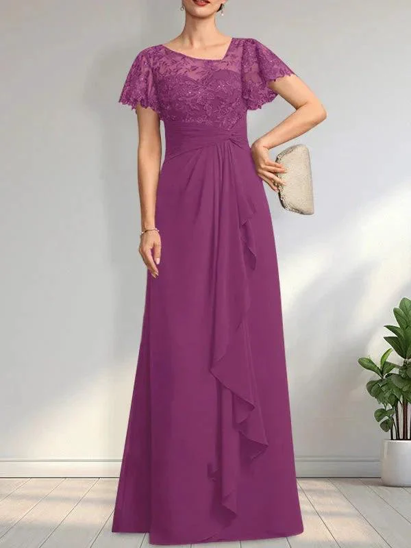 A-line Asymmetrical Illusion Floor-Length Lace Chiffon Mother of the Bride Dress With Cascading Ruffles Sequins - Image 16