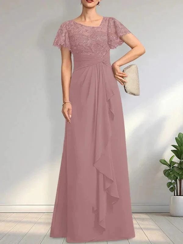 A-line Asymmetrical Illusion Floor-Length Lace Chiffon Mother of the Bride Dress With Cascading Ruffles Sequins - Image 17