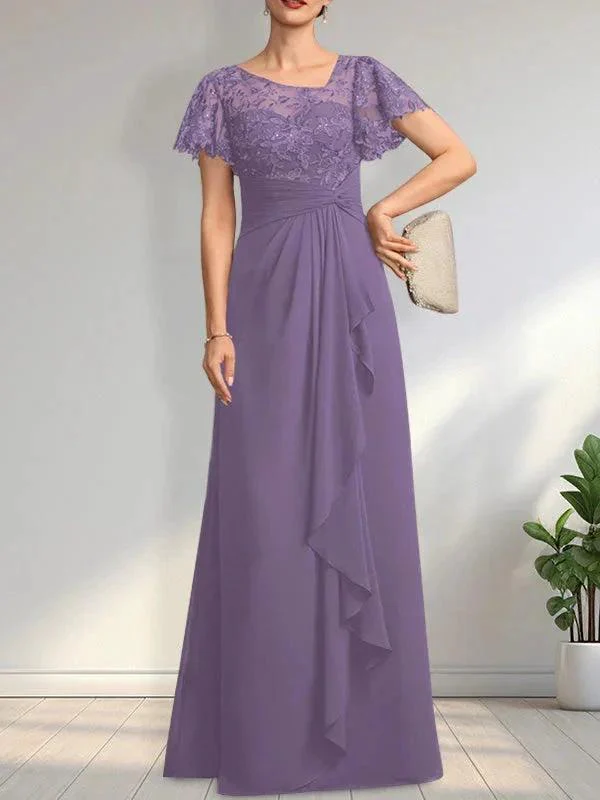 A-line Asymmetrical Illusion Floor-Length Lace Chiffon Mother of the Bride Dress With Cascading Ruffles Sequins - Image 18