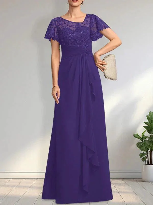 A-line Asymmetrical Illusion Floor-Length Lace Chiffon Mother of the Bride Dress With Cascading Ruffles Sequins - Image 19