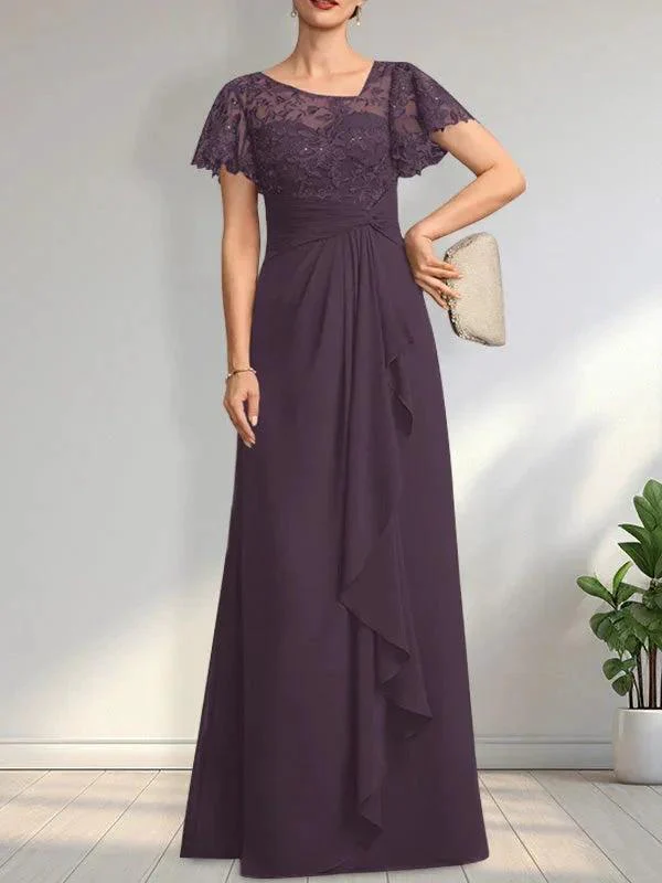 A-line Asymmetrical Illusion Floor-Length Lace Chiffon Mother of the Bride Dress With Cascading Ruffles Sequins - Image 20