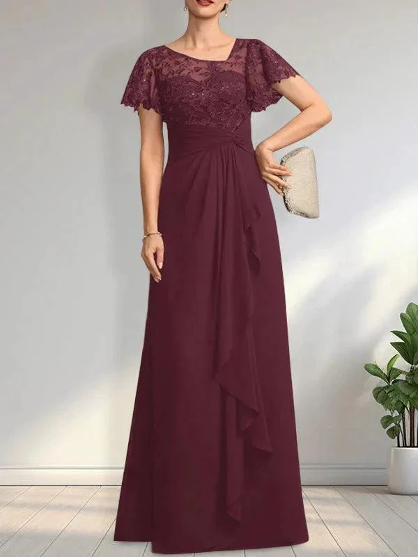 A-line Asymmetrical Illusion Floor-Length Lace Chiffon Mother of the Bride Dress With Cascading Ruffles Sequins - Image 21