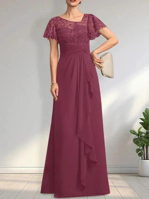 A-line Asymmetrical Illusion Floor-Length Lace Chiffon Mother of the Bride Dress With Cascading Ruffles Sequins - Image 22