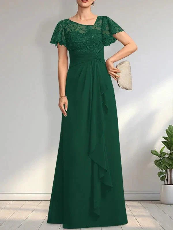 A-line Asymmetrical Illusion Floor-Length Lace Chiffon Mother of the Bride Dress With Cascading Ruffles Sequins - Image 23