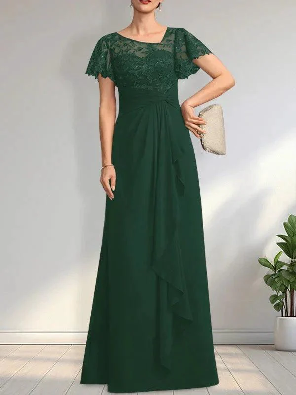 A-line Asymmetrical Illusion Floor-Length Lace Chiffon Mother of the Bride Dress With Cascading Ruffles Sequins - Image 24
