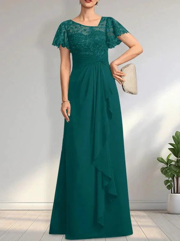 A-line Asymmetrical Illusion Floor-Length Lace Chiffon Mother of the Bride Dress With Cascading Ruffles Sequins - Image 25