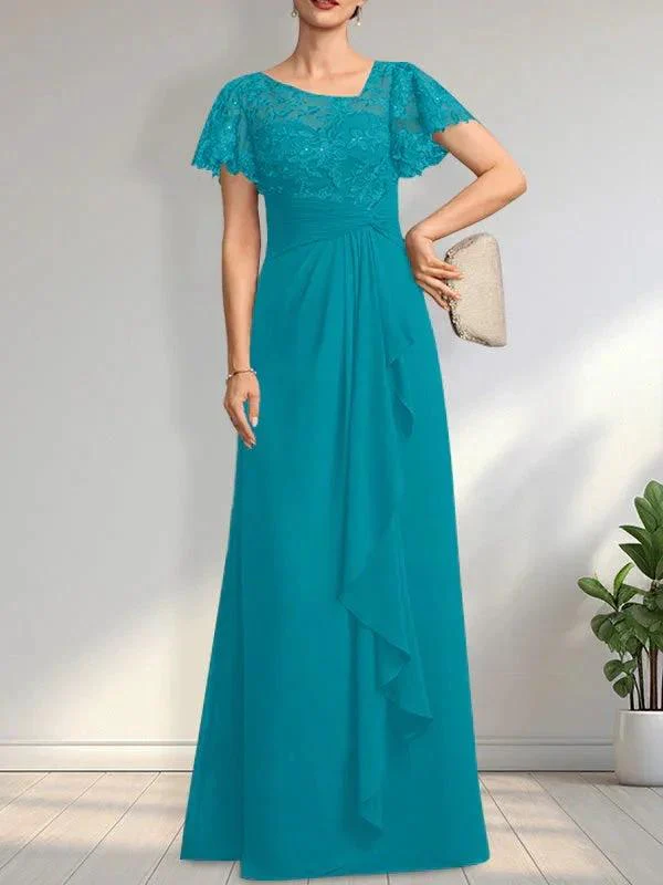 A-line Asymmetrical Illusion Floor-Length Lace Chiffon Mother of the Bride Dress With Cascading Ruffles Sequins - Image 26