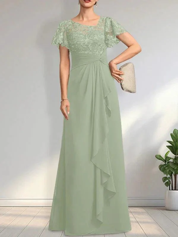 A-line Asymmetrical Illusion Floor-Length Lace Chiffon Mother of the Bride Dress With Cascading Ruffles Sequins - Image 27
