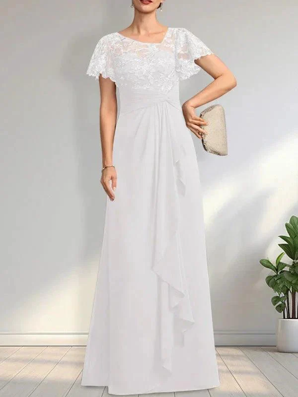 A-line Asymmetrical Illusion Floor-Length Lace Chiffon Mother of the Bride Dress With Cascading Ruffles Sequins - Image 29