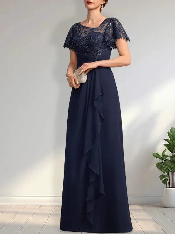 A-line Asymmetrical Illusion Floor-Length Lace Chiffon Mother of the Bride Dress With Cascading Ruffles Sequins - Image 3